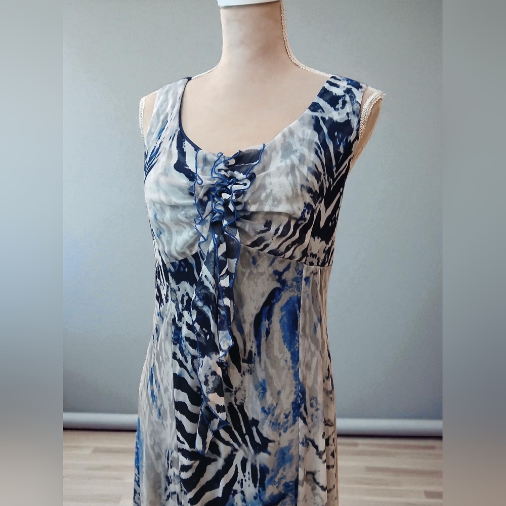 Picadilly Fashions Babydoll Blue White Long Dress Womans Small Artsy Abstract